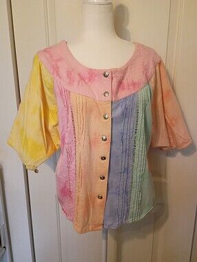 Vintage Together Pastel Color Block Cotton Top Sz Large